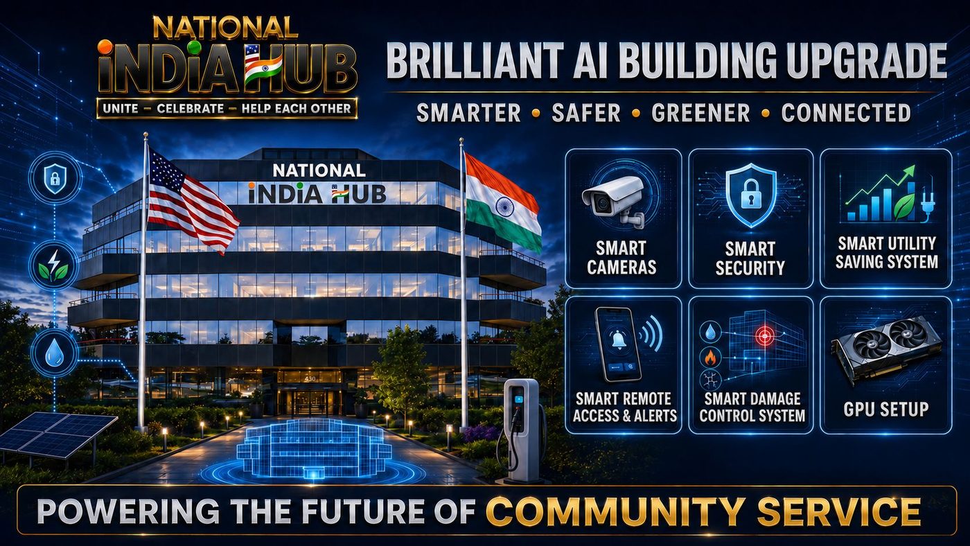 National India Hub / Global Community Hub at 930 National Parkway, Schaumburg, IL — a five-story campus lit at night, flanked by the United States and Indian flags, with a brilliant-building upgrade concept overlaid
